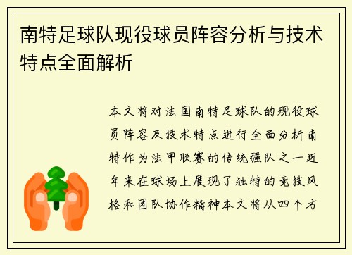 南特足球队现役球员阵容分析与技术特点全面解析